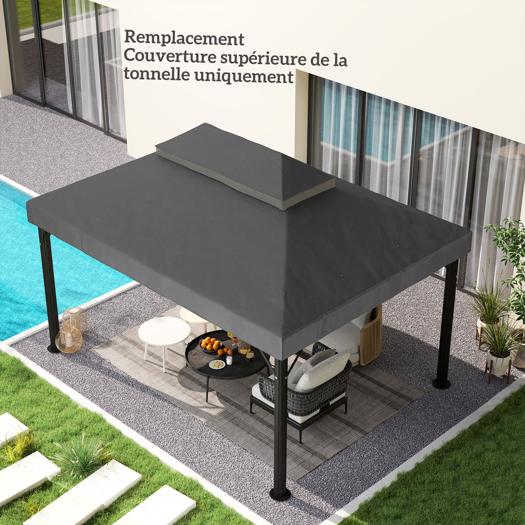 Toile de rechange pour pavillon toile de tonnelle 4 x 3 m, double toit avec trous de drainage, polyester 370 g/m², gris
