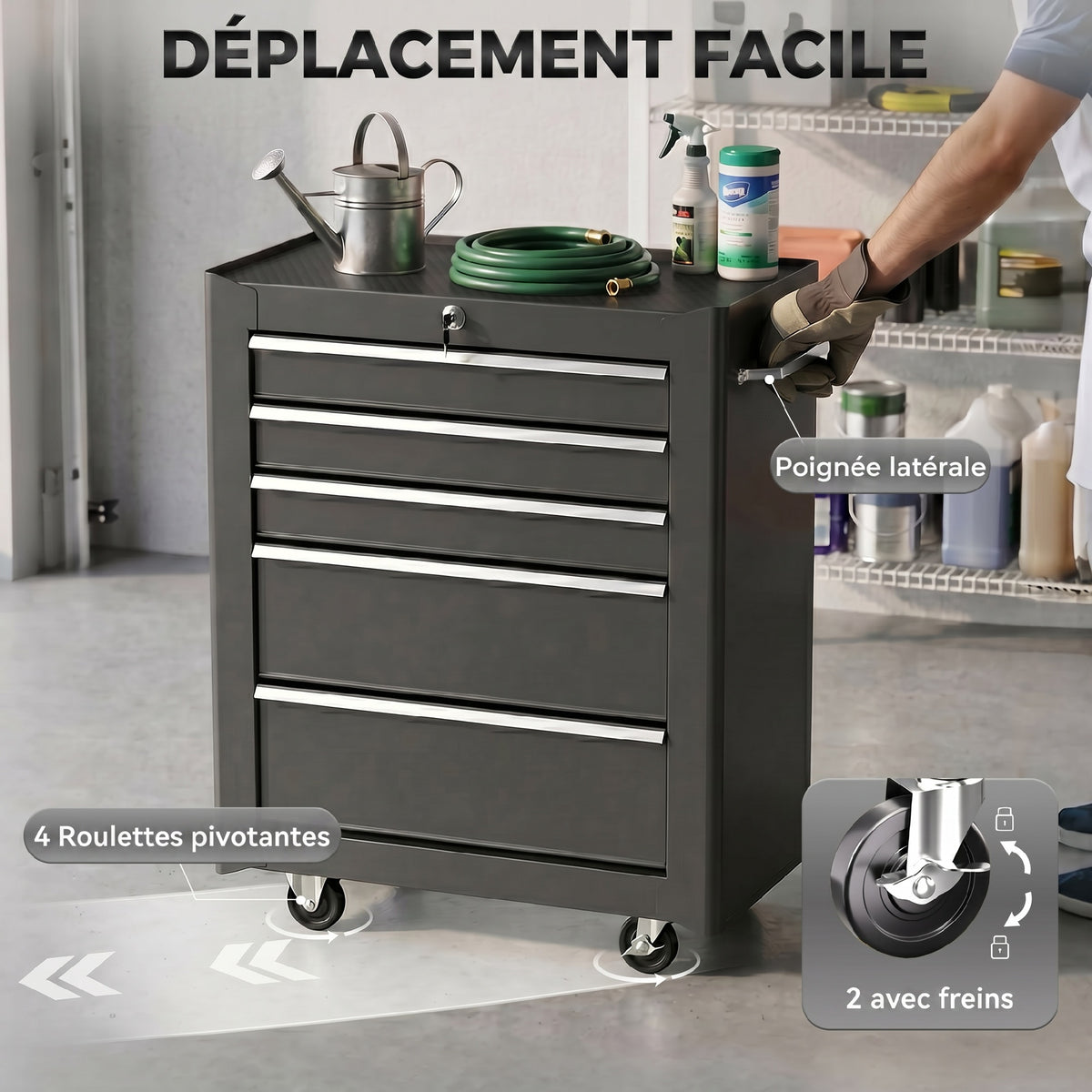 Chariot à outils sur roulettes, Servante d'atelier en acier 5 tiroirs verrouillable 2 clés, 61,5 x 33 x 82,5 cm, noir