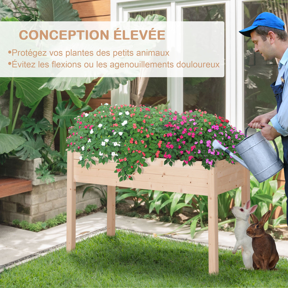 Jardinière sur Pieds Potager 122,5 x 56,5 x 76 cm Inserts d'irrigation + Feutre de Drainage Inclus Bois Massif