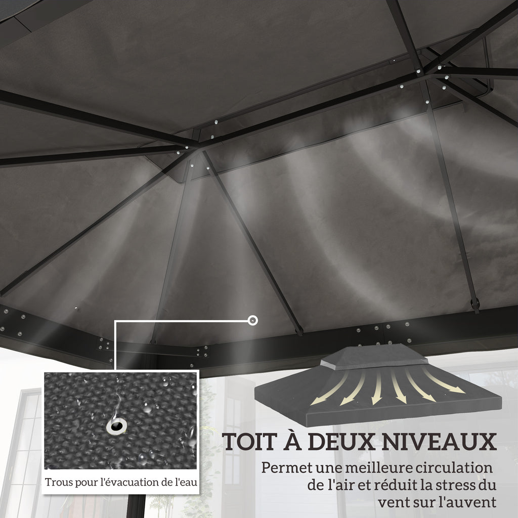 Toile de rechange pour pavillon toile de tonnelle 4 x 3 m, double toit avec trous de drainage, polyester 370 g/m², gris